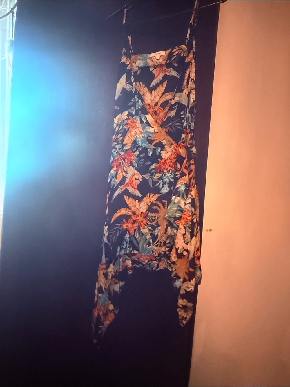 Elan Navy Tropical Asymmetrical Handkerchief Dress
